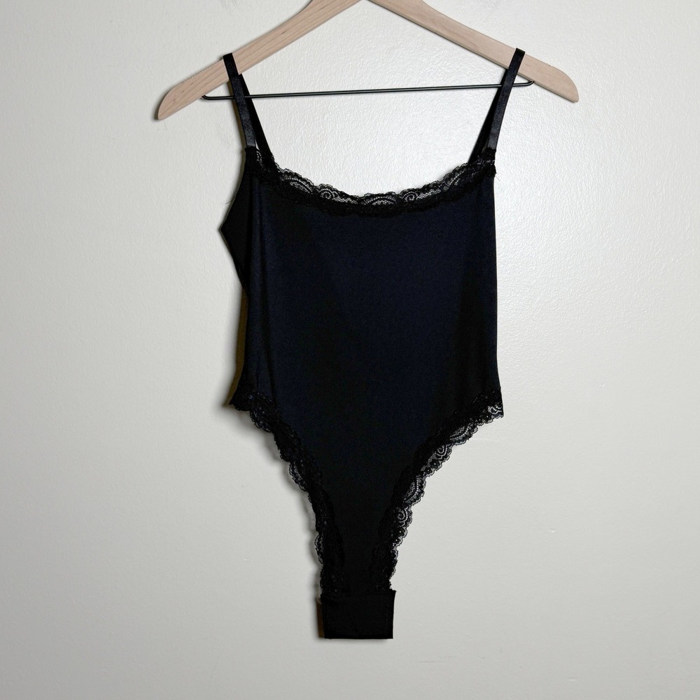 Missguided Womens Bodysuit S Black Lace Trim Adjustable Straps Coquette Goth